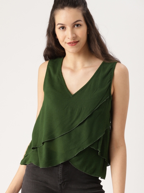 DressBerry Women Olive Green Solid Layered Top