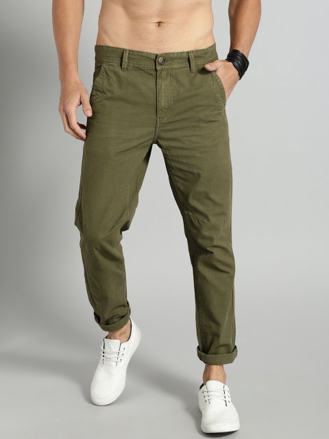 Roadster Men Olive Green Solid Chinos