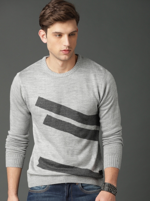 Roadster Men Grey Melange Striped Pullover