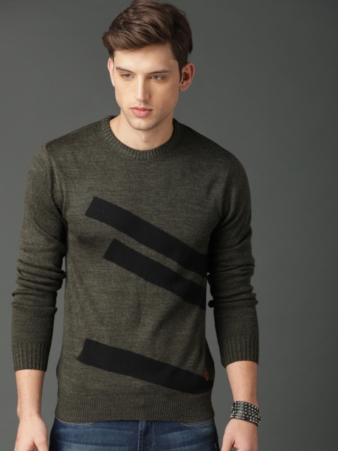 Roadster Men Olive Green Self-Design Pullover