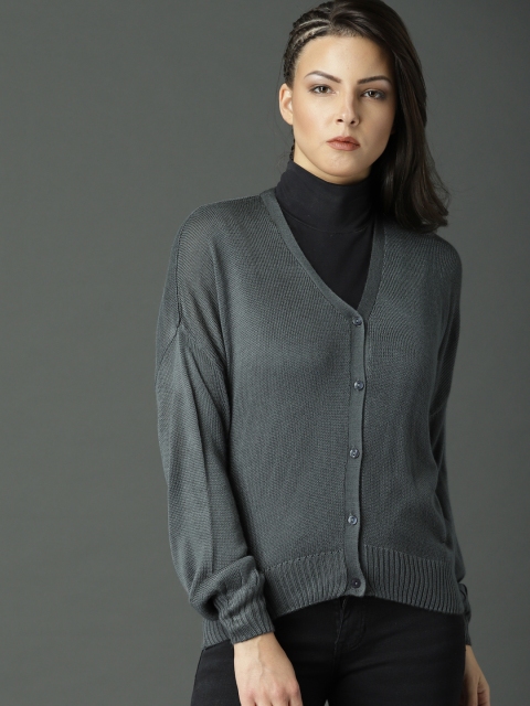Roadster Women Grey Solid Cardigan