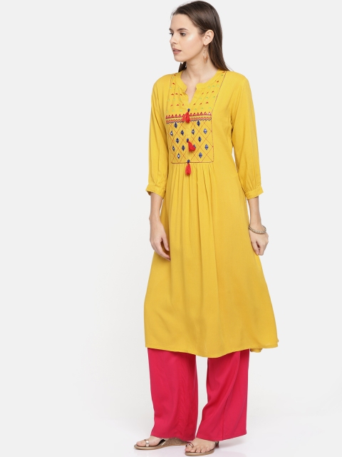 Anahi Women Mustard Yellow Solid A-Line Kurta