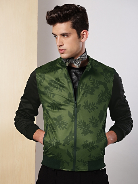 INVICTUS Men Olive Green & Black Printed Bomber