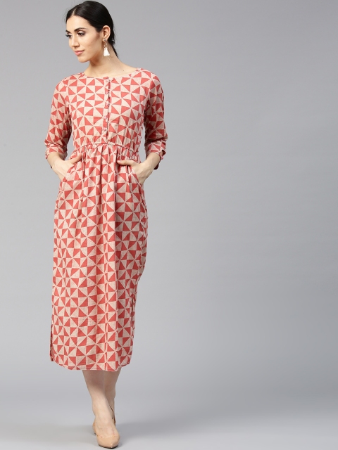 Jaipur Kurti Women Coral Orange & Beige Printed Midi A-Line Dress
