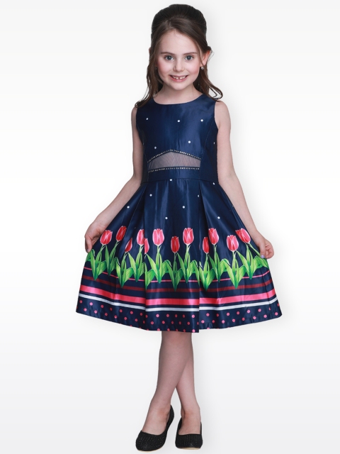 CUTECUMBER Girls Navy Blue Printed A-Line Dress