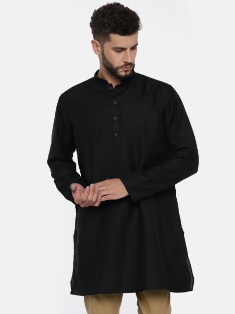TOZZI Men Black Linen Solid Straight Kurta