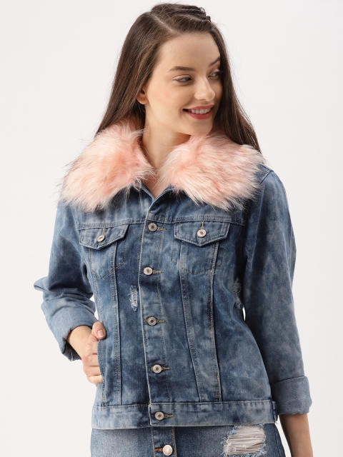 DressBerry Women Blue Washed Distressed Denim Jacket with Detachable Faux Fur Collar
DressBerry Women Blue Washed Distressed Denim Jacket with Detachable Faux Fur Collar
