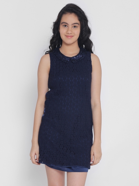 Natilene Girls Navy Blue Self Design Sheath Dress