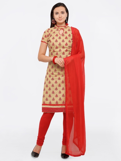 Saree mall Beige & Red Cotton Blend Unstitched Dress Material