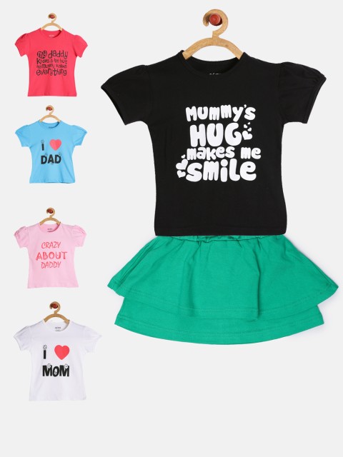 GKIDZ Girls Pack of 5 Printed T-shirts with Skirt, Pink
