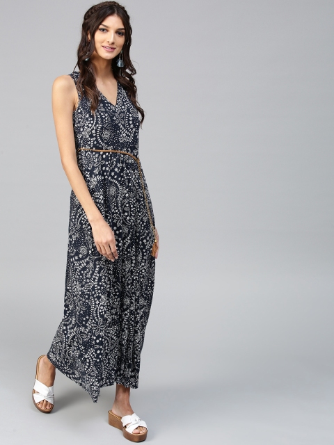 SASSAFRAS Women Navy Blue & White Printed Maxi Dress