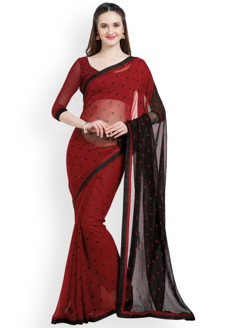 Mirchi Fashion Maroon & Black Poly Georgette Polka Dot Print Saree