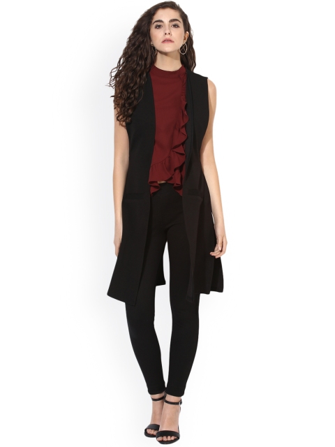 Kazo Women Black Solid Open Front Shrug