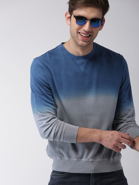Mast & Harbour Men Grey & Blue Solid Sweatshirt