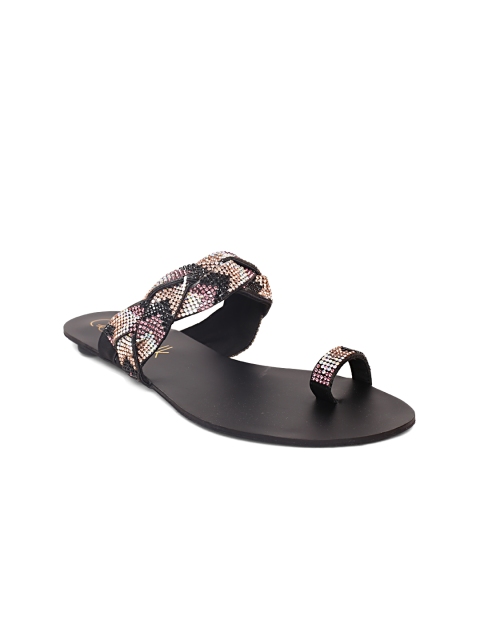 Catwalk Women Black & Brown Stone-Studded One Toe Flats