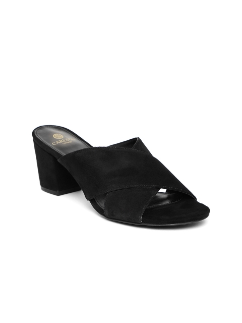 Carlton London Women Black Suede Leather Solid Sandals