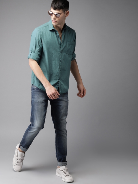 HERE&NOW Men Teal Blue Regular Fit Solid Casual Shirt