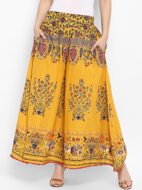 Juniper Women Mustard & Blue Printed Flared Palazzos