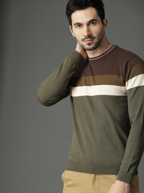 Roadster Men Olive Green & Brown Striped Pullover