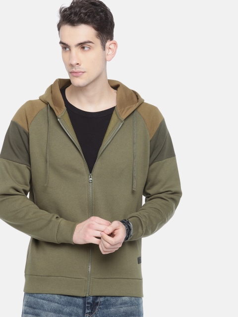 Roadster Men Olive Green Solid Hooded Sweatshirt
