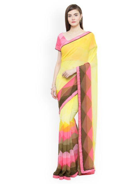 Shaily Yellow & Pink Pure Georgette Printed Saree