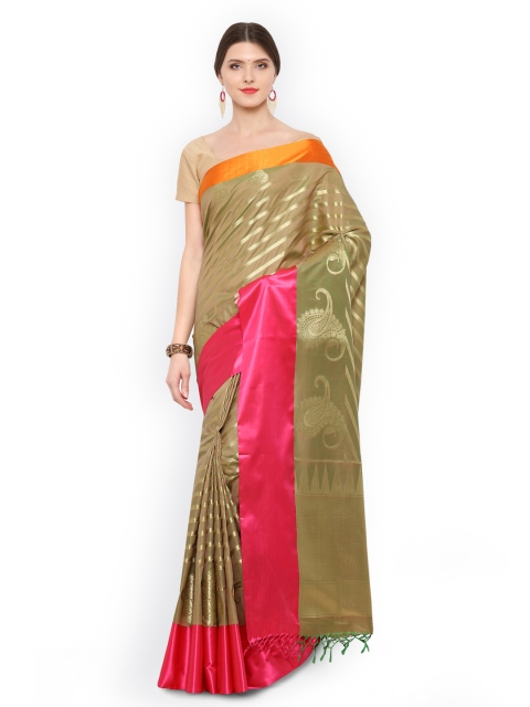 Varkala Silk Sarees Khaki & Gold-Toned Silk Blend Woven Design Leheriya Saree