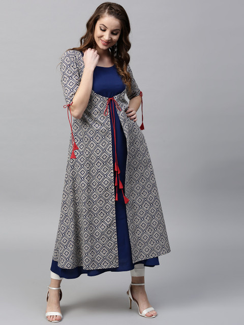 GERUA Women Navy Blue & Grey Printed A-Line Layered Kurta 
GERUA Women Navy Blue & Grey Printed A-Line Layered Kurta