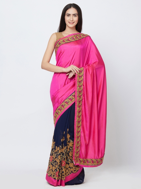 Indian Women Pink & Blue Pure Georgette Embellished Saree