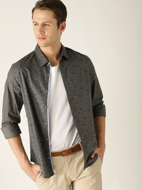 United Colors of Benetton Men Charcoal Grey Slim Fit Printed Casual Shirt