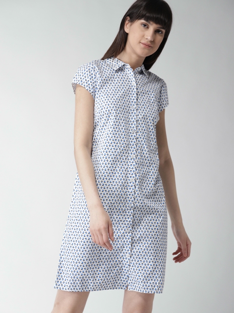 Tommy Hilfiger Women White & Blue Printed Shirt Dress