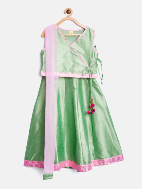 612 league Girls Green & Pink Solid Ready to Wear Lehenga & Blouse with Dupatta