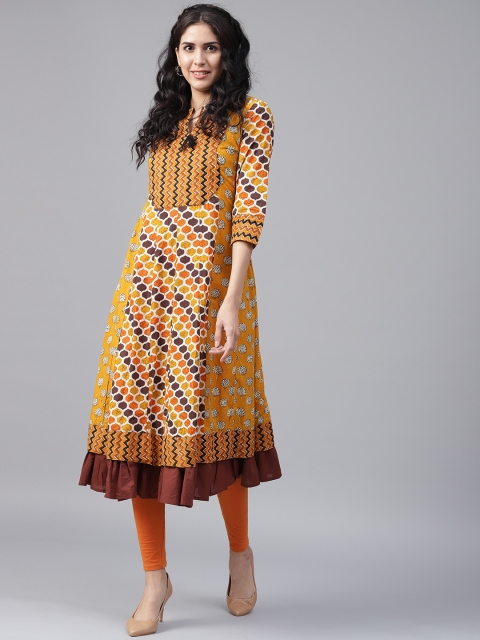 Yufta Women Mustard Yellow & Brown Printed Anarkali Kurta