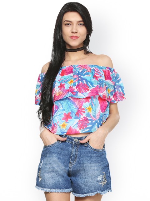 People Women Multicoloured Printed Bardot Top, Multi
