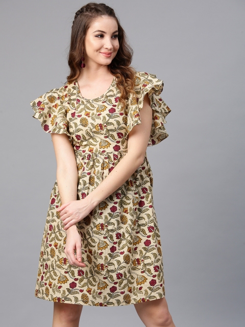 AKS Women Beige Printed Fit and Flare Dress