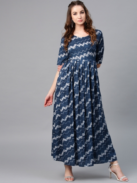 AKS Women Navy Printed Maxi Dress, Navy blue