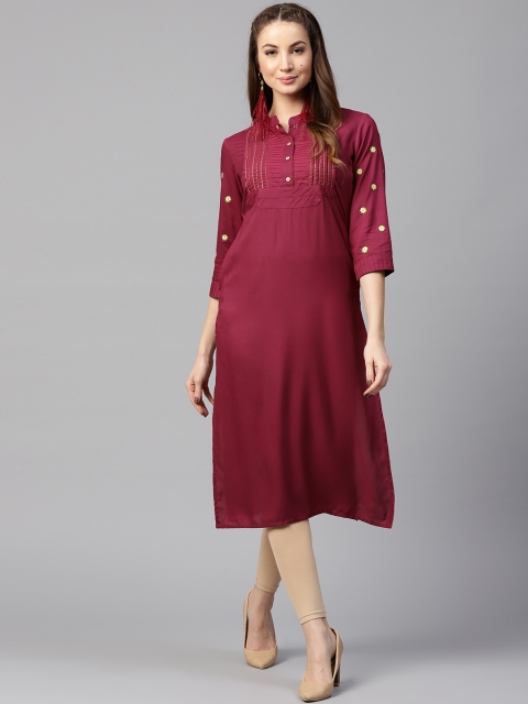 Yufta Women Burgundy Solid Straight Kurta