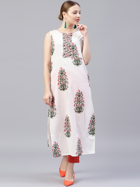 Jaipur Kurti Women White & Red Printed Kurta with Trousers