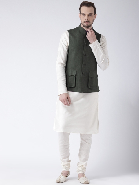 KISAH Men Cream-Coloured & Olive Green Solid Banarasi Kurta with Churidar & Nehru Jacket
KISAH Men Cream-Coloured & Olive Green Solid Banarasi Kurta with Churidar & Nehru Jacket