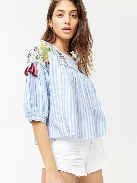 FOREVER 21 Women Blue & White Striped Top