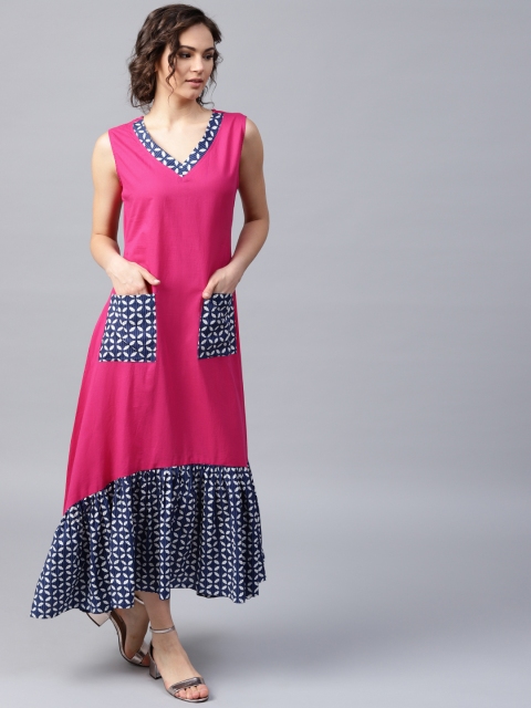 Nayo Women Pink & Navy Blue Printed Maxi Dress