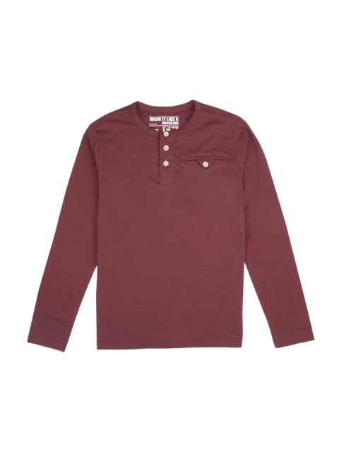 Flying Machine Boys Maroon Solid Round Neck T-shirt