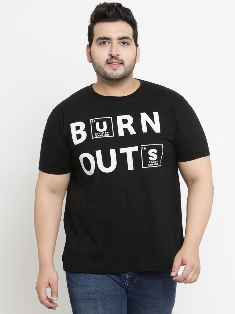 plusS Men Black Printed Round Neck T-shirt