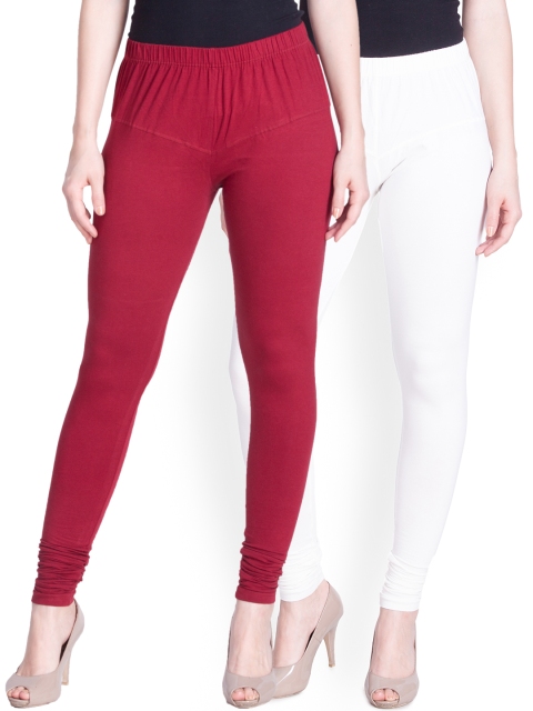 LYRA Women Pack of 2 White & Maroon Churidar Leggings