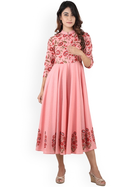anayna Women Pink Printed Fit and Flare Dress