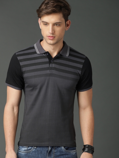 Roadster Men Charcoal Striped Polo Collar T-shirt
