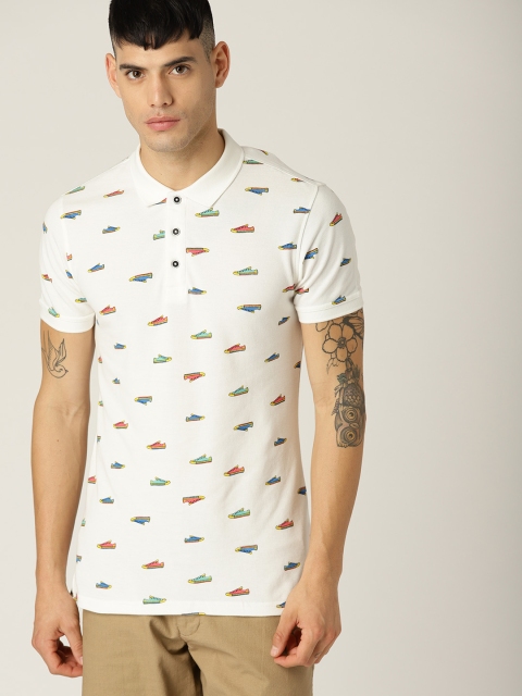 United Colors of Benetton Men White Printed Polo Collar T-shirt