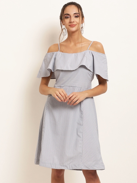 RARE Women Grey Striped Fit and Flare Dress