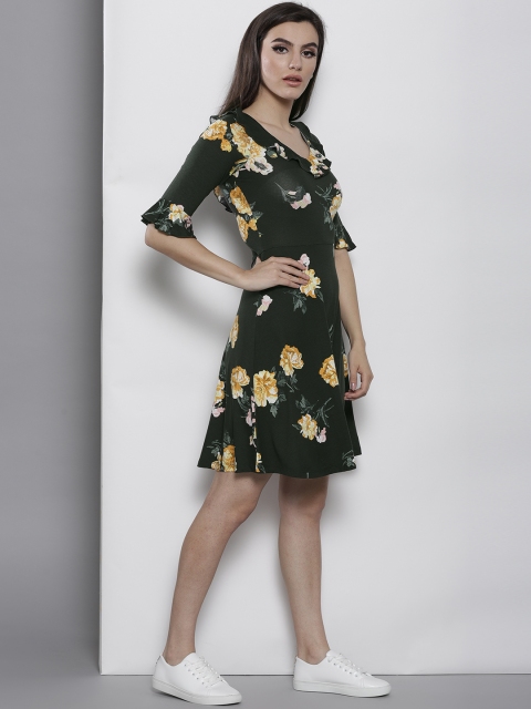 DOROTHY PERKINS Women Olive Green Printed Fit & Flare Dress