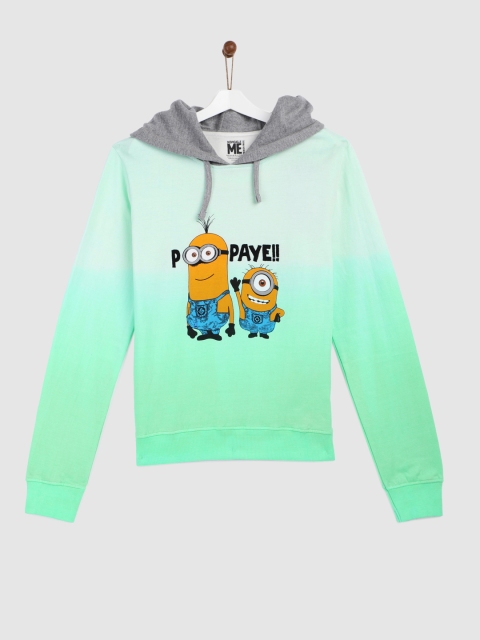 YK Minion Girls Green Printed Hooded Sweatshirt