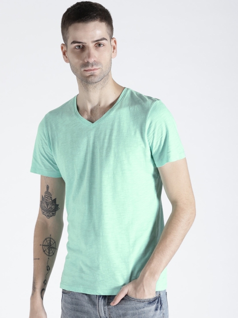 s.Oliver Men Sea Green Solid V-Neck T-shirt